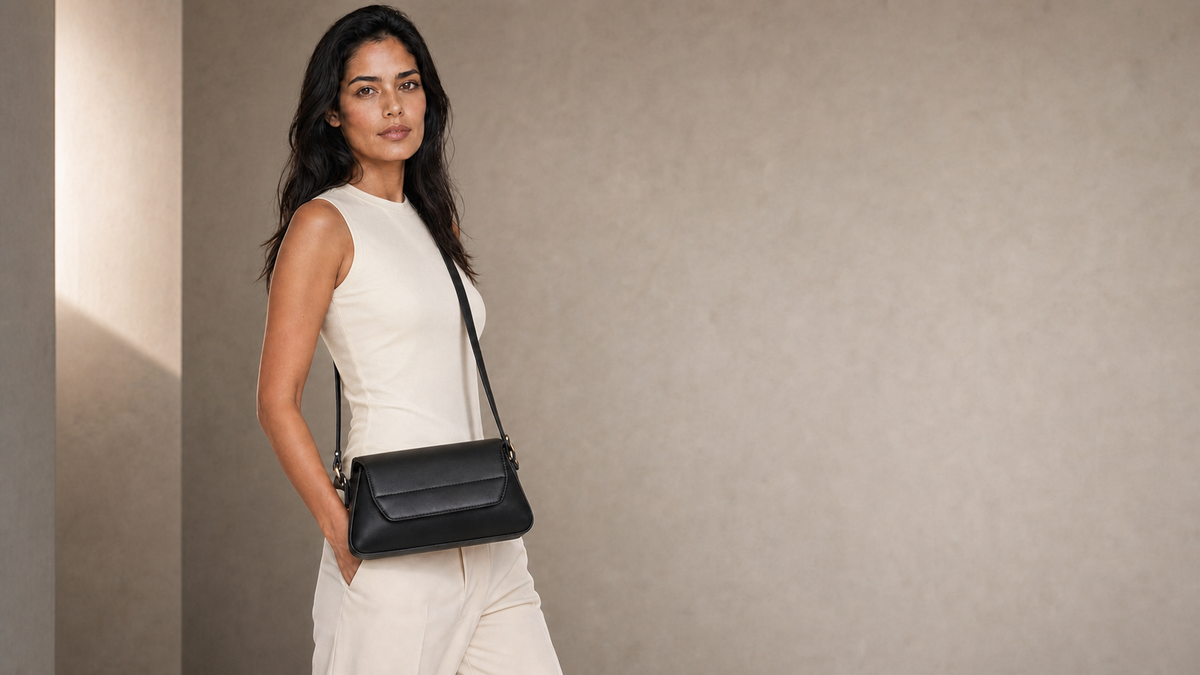 Emilia con Cartera Bandolera Élan negra en estilismo marfil