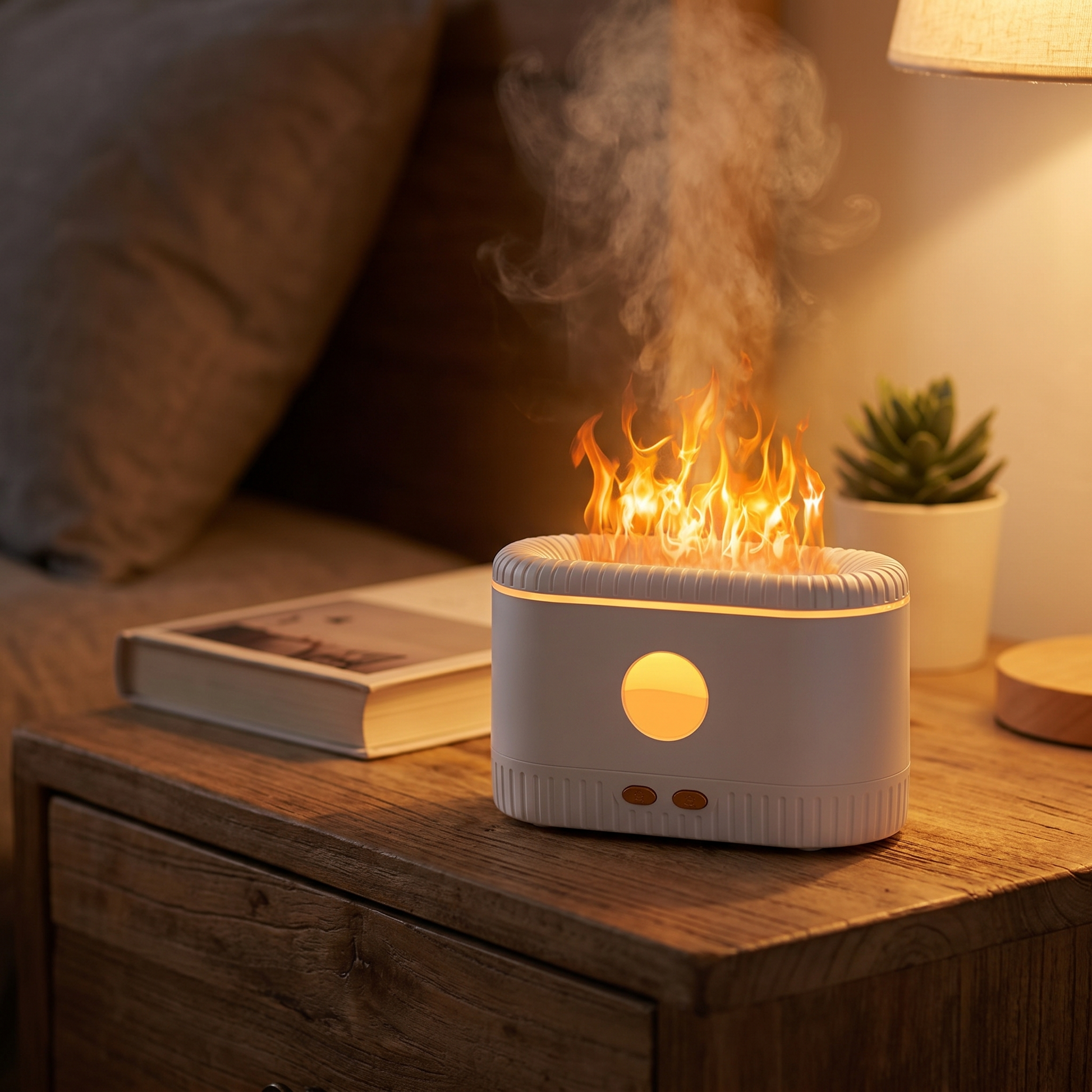 Humidificador efecto llama en dormitorio acogedor
