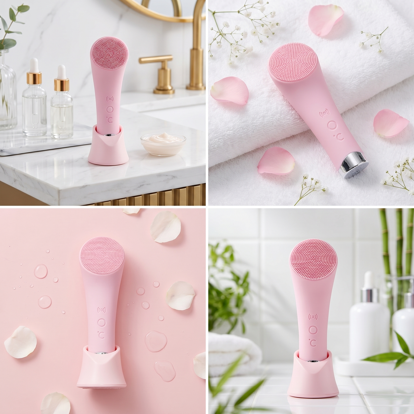 Cepillo facial flat lay pastel