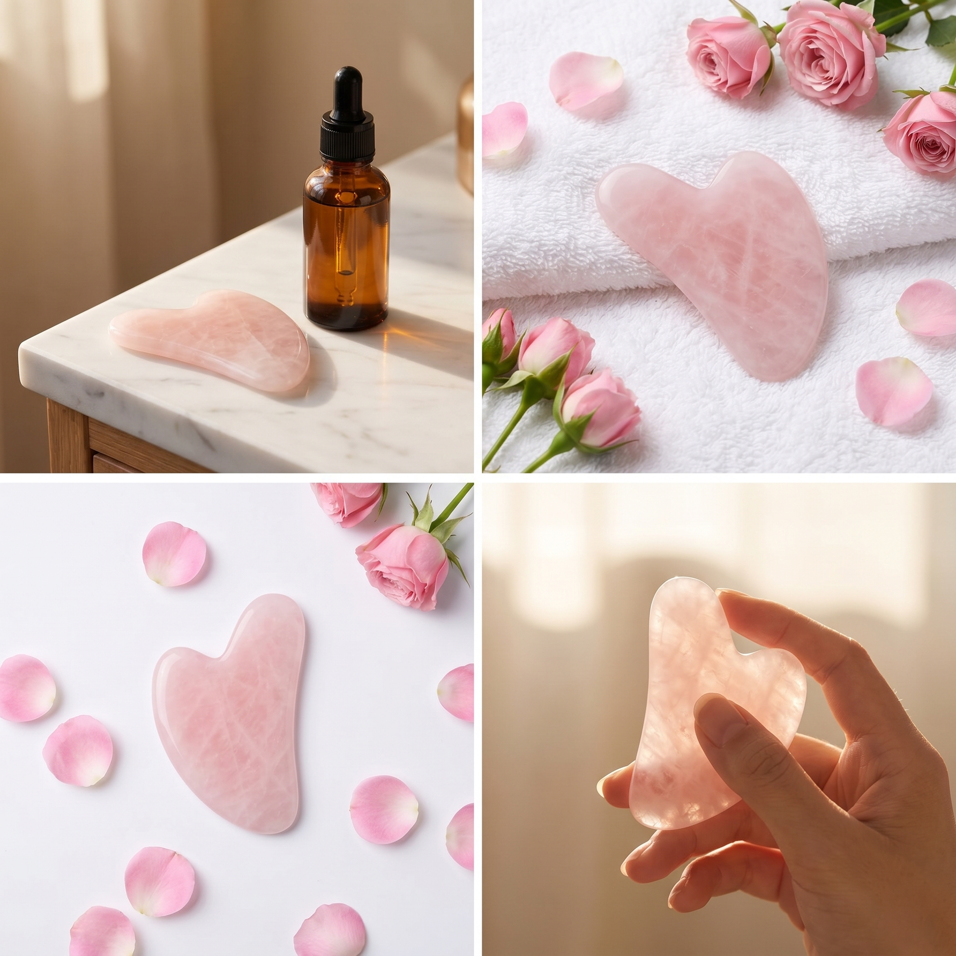 Gua sha cuarzo rosa flat lay con pétalos