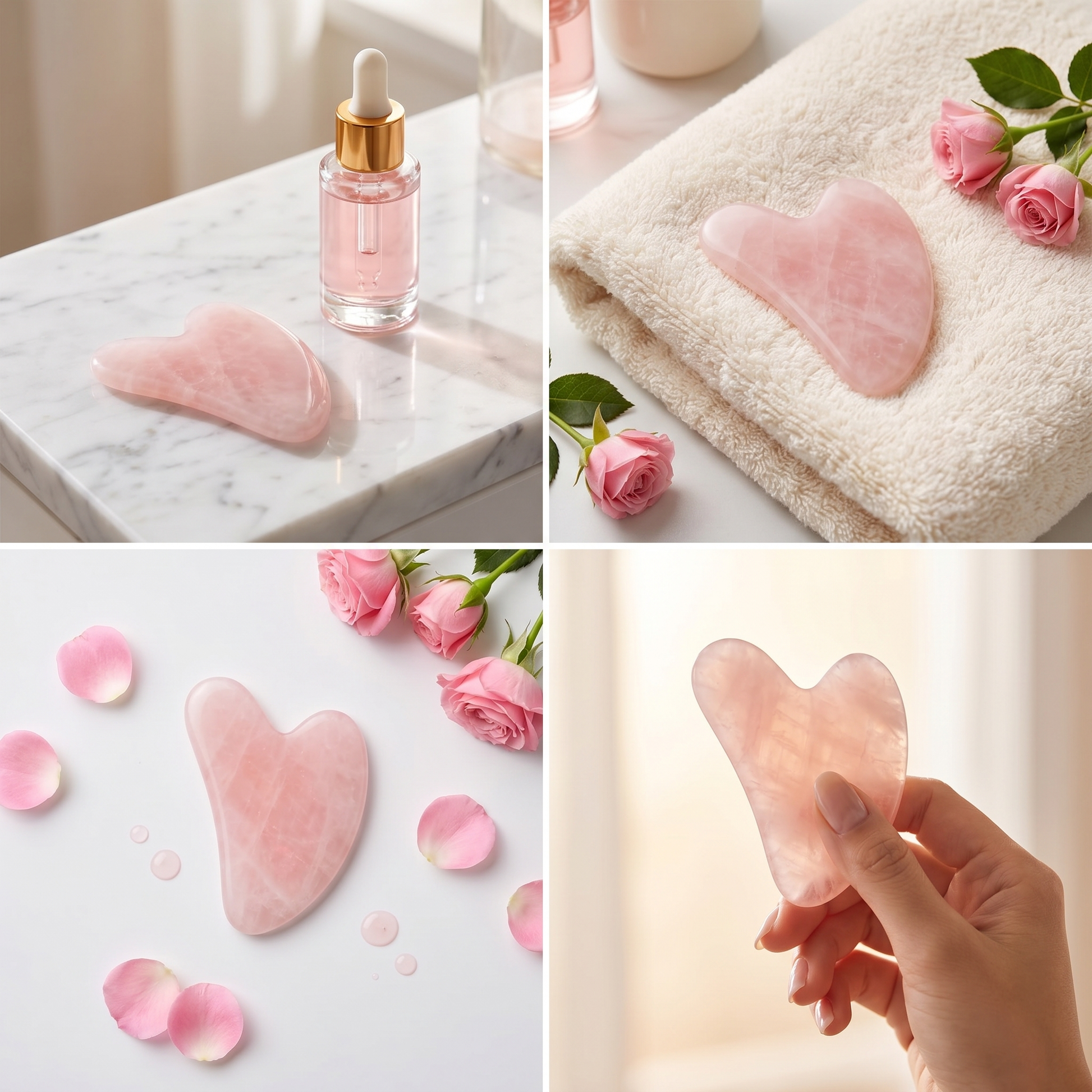 Gua sha cuarzo rosa en mano