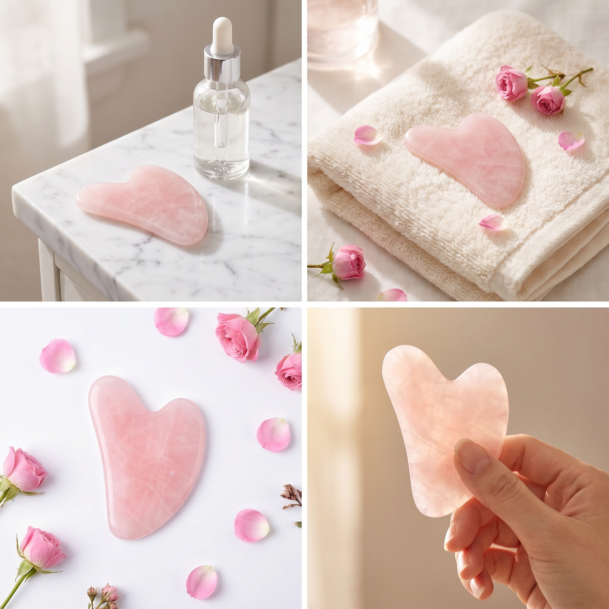 Gua sha cuarzo rosa en vanity premium