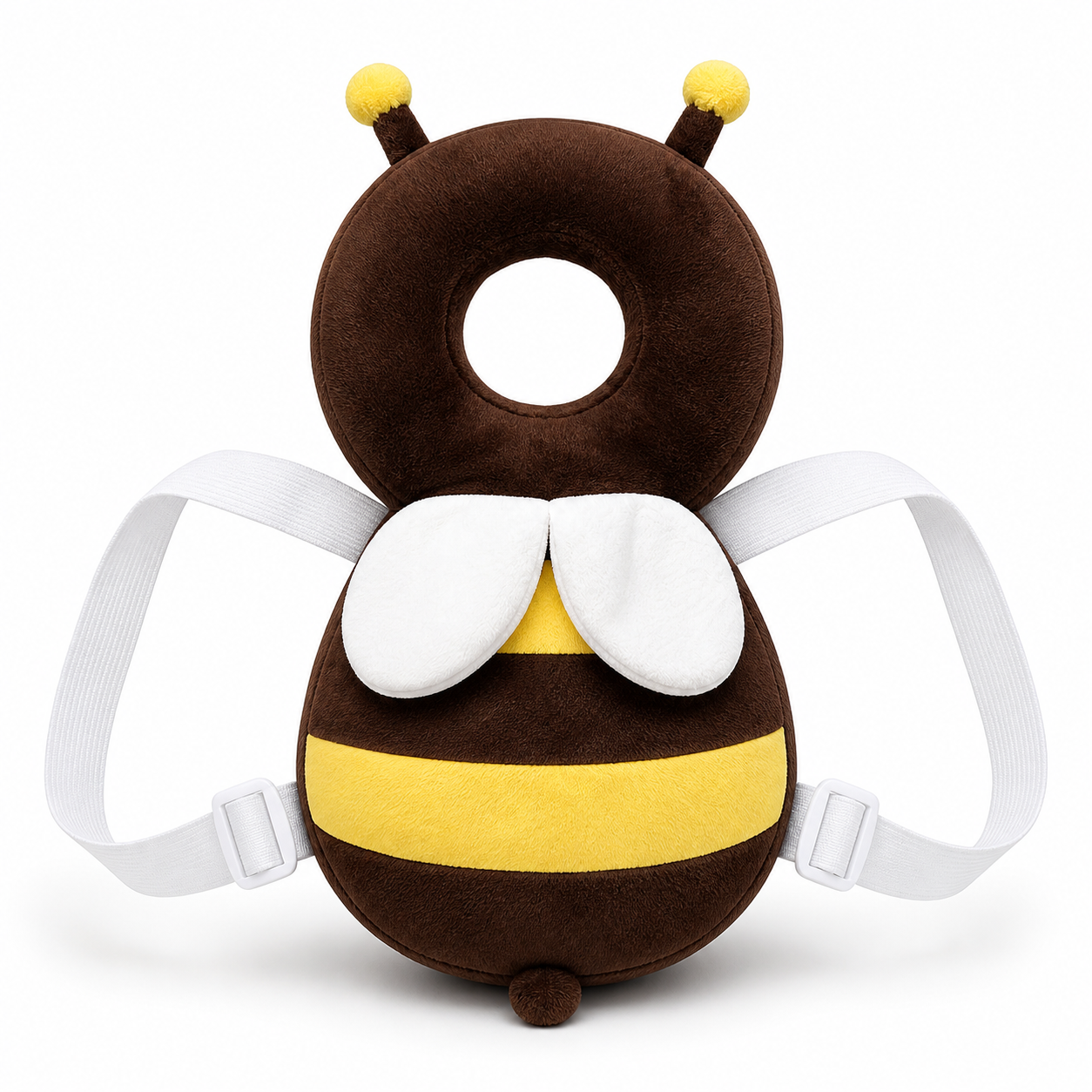 Mochilita protectora de cabeza para bebé diseño abeja, vista frontal