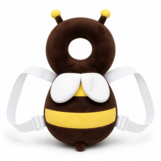 Mochilita protectora de cabeza para bebé diseño abeja, vista frontal